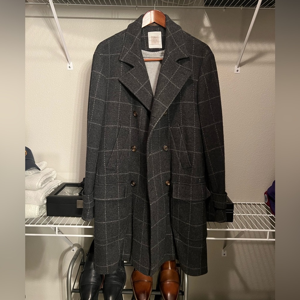 Men’s Platinum Eleventy Wool and Cashmere Grey Checkered Top Coat- Size Large